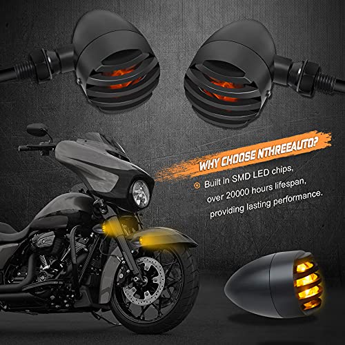 NTHREEAUTO Motorcycle Blinkers, Waterproof Aluminum Bullet LED Turn Signals, Universal Amber Indicator Light Compatible with Harley Dyna, Honda, Yahama, Bobber,Suzuki and Kawasaki 12V Motorbikes - color: Black/Amber