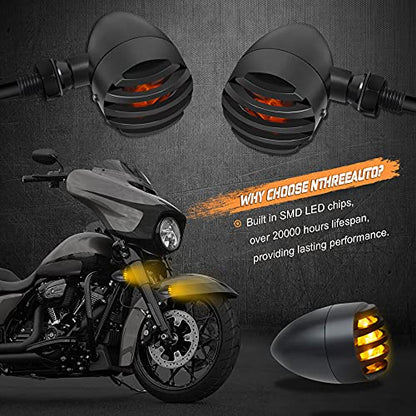 NTHREEAUTO Motorcycle Blinkers, Waterproof Aluminum Bullet LED Turn Signals, Universal Amber Indicator Light Compatible with Harley Dyna, Honda, Yahama, Bobber,Suzuki and Kawasaki 12V Motorbikes - color: Black/Amber