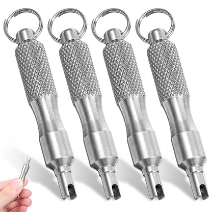 4 PCS Valve Core Removal Tool Keychain, Stainless Steel Tire Valve Stem Tool Portable Valves Core Disassembly and Repair Tools for Bicycle Car Motorcycle Repair Install Accessory