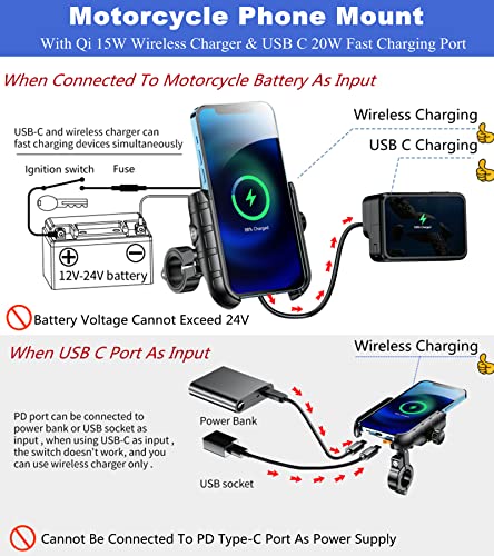 BRCOVAN Motorcycle Phone Mount Holder with Wireless & USB-C Charger | Qi 15W & PD 20W, Waterproof Cellphone Cradle with Aluminum Alloy Handlebar Mounting Base for 4'' - 8'' Smartphones