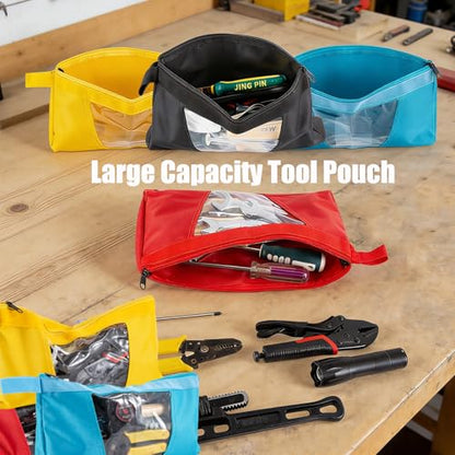 QCWN 4 Pack Tool Pouches with Zipper - 13.7" Heavy Duty 1680D Small Tool Bag with Clear Window - Waterproof Utility Storage Organizer for Electrician, HVAC, Mechanic (Red/Yellow/Blue/Black) - color: 4 Pack Red+Yellow+Blue+Black