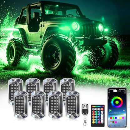 8Pods Full Angle RGB LED Rock Lights Kit with APP/RF Remote Control, Bright Underglow Lights with Brake Multicolor Neon Underbody Lights Waterproof 12V for Trucks Pickup Jeep Golf Cart SXS ATV - size: 8 Pods