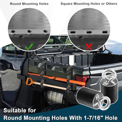 Dual Tool Hooks Mount Holder Compatible With For UTV Polaris Ranger 1000 xp 900 800 700 500 570 General 1000 With 1-7/16" Hole Cargo Bed Mount Shovel Farm Hunting Tool Carrier Storage Rack