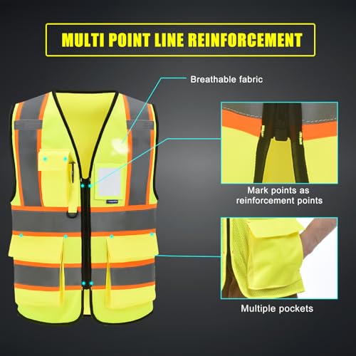 AYKRM Security Vest for Men Women 7 Pockets High Visibility Reflective Safety Vest Front Zipper Meets ANSI/ISEA - color: Yellow-observer, size: X-Small