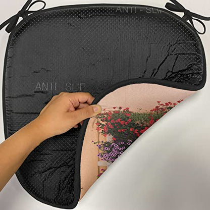Lunarable Shutters Chair Cushion Pad, Photo of Window with Fresh Flowers Mediterranean Summertime Traditional House, Seat Padding for Kitchen & Patio with Anti-Slip Backing, 16"x16", Red Peach Green - color: Red Peach Green, size: Pack of 1