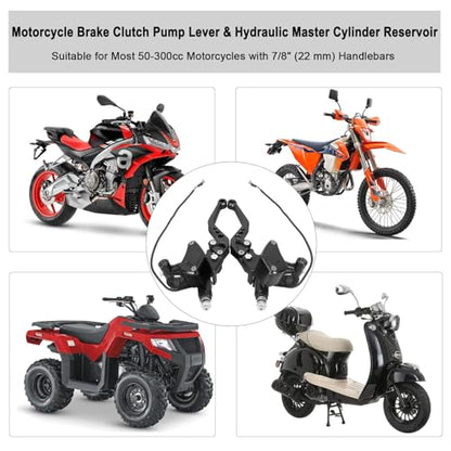 Universal Motorcycle Brake Clutch Pump Lever with Dual Hydraulic Master Cylinder Reservoir Set Left & Right CNC Suitable for 50-300cc Motorcycles with 7/8" 22mm Handlebars - color: Black