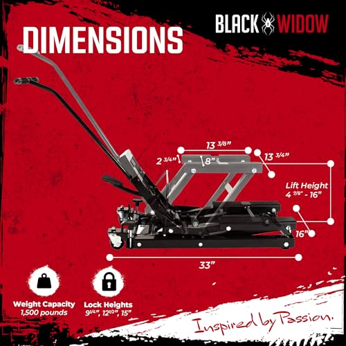 Black Widow Motorcycle and ATV Lift Jack Stand, Hydraulic Operation for Garage Storage and Lifting Vehicles up to 1,500 Pounds, Black