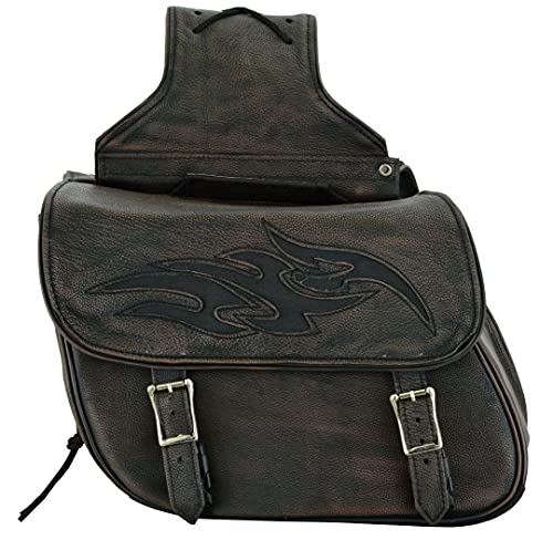 Motorcycle 2 Pc Throw over Concealed carry gun pocket Genuine Distressed Brown Leather Saddlebag Flame Zipoff, Medium