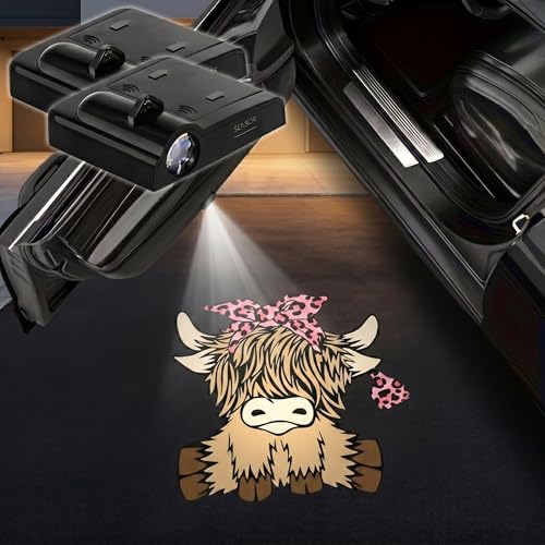 2PCS Highland Cow Bow Car Door Lights Projector, Magnetic Logo Projector Door Lights, Wireless LED Welcome Puddle Light, Cows Car Accessories Decor, Highland Cow Gifts for Women Men, Fit All Vehicles - color: Highland Cow Bow