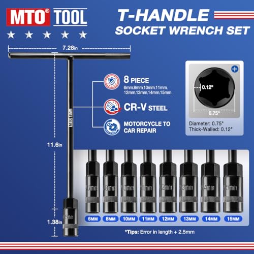 MTO T-Handle Metric Socket Wrench Set, 6-Point (6, 8, 10, 11, 12, 13, 14, 15mm) with Hanging Organizer Strap, Cr-V Steel Lug Wrench Hex Socket for Motorcycle Car Bicycle Repair (8 Pack) - size: 8Pack