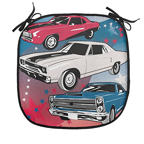 Lunarable Cars Chair Cushion Pad, Pop Art Group of Nostalgic American Muscle Vehicle Stars Antique Print, Seat Padding for Kitchen & Patio with Anti-Slip Backing, 16"x16", Red Beige Blue - color: Red Beige Blue, size: Pack of 1