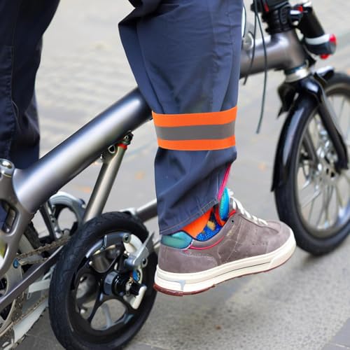 Happyyami 4pcs Reflective Bike Pants Straps and Armbands, Elastic High Visibility Leg and Arm Bands for Cycling Night Safety, Orange Cycling Ankle Straps for Running and Walking