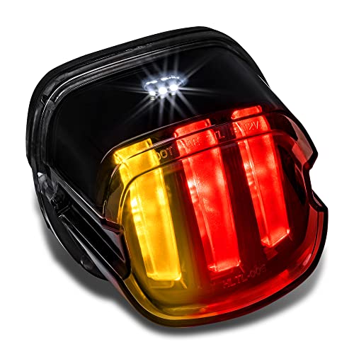 TRUE MODS LED Brake Tail Light for Harley Davidson - F1 Flashing Blinker Turn Signal DOT Integrated Rear Red Back Taillight for Sportster Dyna Fat Boy Road King Electra Glide Ultra Softail Heritage - style: Stripe Design w/ Amber Signals