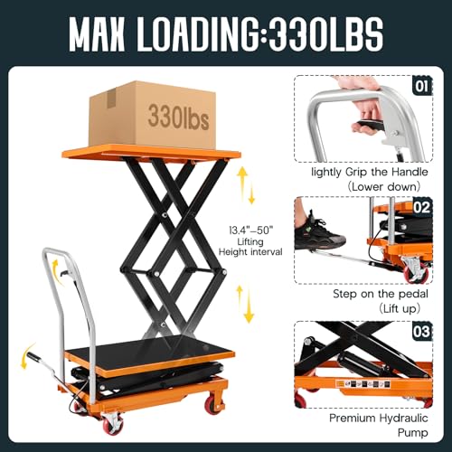 SPECRAFT 330 lbs Hydraulic Lift Cart, Double Scissor Lift Table Up to 50", 4-Wheel Material Handling Platform with Non-Slip Pad, Orange - size: 330 lbs