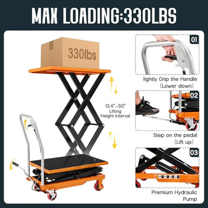 SPECRAFT 330 lbs Hydraulic Lift Cart, Double Scissor Lift Table Up to 50", 4-Wheel Material Handling Platform with Non-Slip Pad, Orange - size: 330 lbs