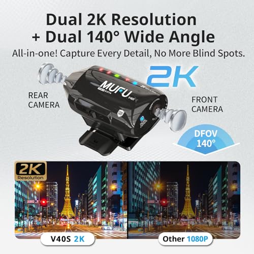 MUFU 2K Dual Front & Rear Camera for Top Mount Motorcycle Helmet, 4000mAh Battery 8H Loop Recording, IP66 Waterproof, Hands-Free POV Dash Cam, Portable Camcorder with WiFi, 64GB Memory, V40T