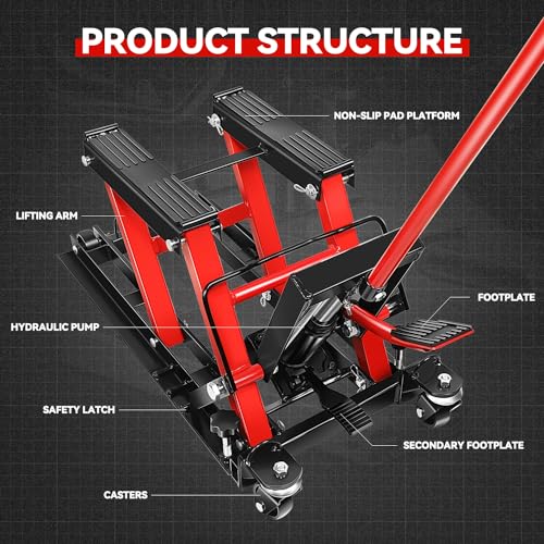 Auto Dynasty Hydraulic Motorcycle Lift Jack, 1500LBS Capacity Low Profile Steel ATV Lifts Stand Hoist with Wheels and Handle for Motorcycles, Bicycles, ATVs, UTVs, Dirt Bikes, Red - size: 1500 LBS