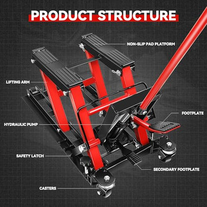Auto Dynasty Hydraulic Motorcycle Lift Jack, 1500LBS Capacity Low Profile Steel ATV Lifts Stand Hoist with Wheels and Handle for Motorcycles, Bicycles, ATVs, UTVs, Dirt Bikes, Red - size: 1500 LBS