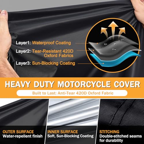 Heavy Duty Motorcycle Cover Waterproof Outdoor, Universal Fit with All Season Protection & Ventilation Vents for Harley Davidson, Indian, BMW Cruiser, Touring, ADV Storage up to 104 Inch