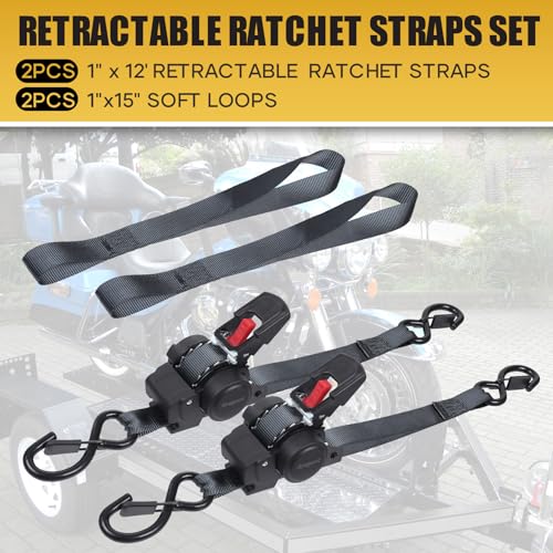 Ayaport Retractable Ratchet Straps 1in X 12ft(2PK)-1500lb Break Strength, Heavy Duty Ratchet Straps Self Retractable Tie Downs with Soft Loops for Motorcycle, Dirt Bike, Cargo, Truck Accessories - size: 1"x12'-2pc