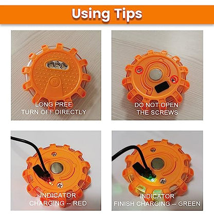 Ecoangel USB-C Rechargeable LED Road Flares Emergency Lights-Large Capacity (Lithium Battery) 3 in 1 Cable Roadside Warning Car Safety Beacon Flashing Disc Flare Kit with Magnetic Base for Vehicles - color: 6 PACK USB C High Power
