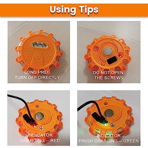 Ecoangel USB-C Rechargeable LED Road Flares Emergency Lights-Large Capacity (Lithium Battery) 3 in 1 Cable Roadside Warning Car Safety Beacon Flashing Disc Flare Kit with Magnetic Base for Vehicles - color: 12 PACK USB C High Power