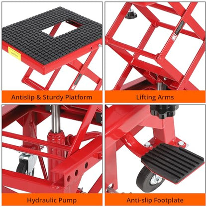350 Lbs Heavy Duty Hydraulic Motorcycle Lift Table, Foot Operated Scissor Jack with 4 Wheels for ATV Dirt Bike UTV, Motorcycle Jack Stand for Garage Shop Maintenance & Repair