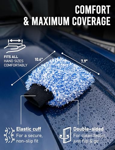 TAKAVU Car Wash Mitt Scratch Free, 2 Pack Microfiber Wash Mitts for Auto Detailing, Soft Lint Free Cleaning Gloves, Holds Sudsy Water, Machine Washable (Blue) - color: Blue & White
