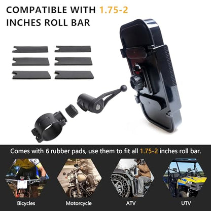 UTV ATV Phone Mount Waterproof Holder Compatible with Polaris RZR Ranger General Pioneer Talon Can Am Commander Maverick X3 Kawasaki Bike Motorcycle with 1.75"-2" Roll Bar Cage Accessories