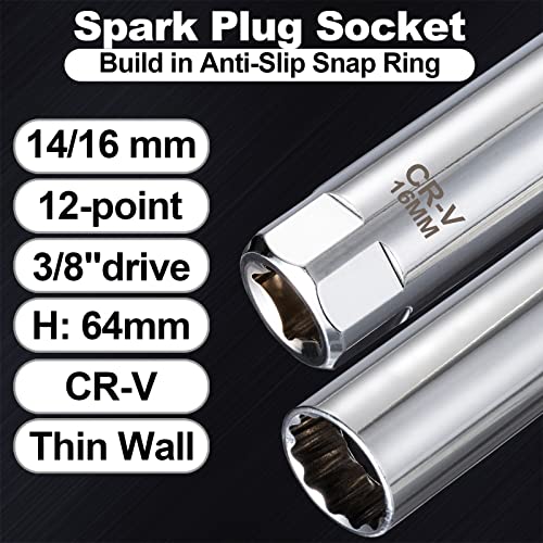 Spurtar 14mm 16mm Spark Plug Socket Set Thin Wall 12-Point 3/8-Inch Drive Spark Plug Tool Set for Auto, Fits BMW Peugeot Benz Nissan Cars Motorcycle SUV ATV with Spring Clips 2pcs CRV Steel Tool - size: 14mm & 16mm Set