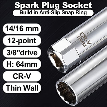 Spurtar 14mm 16mm Spark Plug Socket Set Thin Wall 12-Point 3/8-Inch Drive Spark Plug Tool Set for Auto, Fits BMW Peugeot Benz Nissan Cars Motorcycle SUV ATV with Spring Clips 2pcs CRV Steel Tool - size: 14mm & 16mm Set