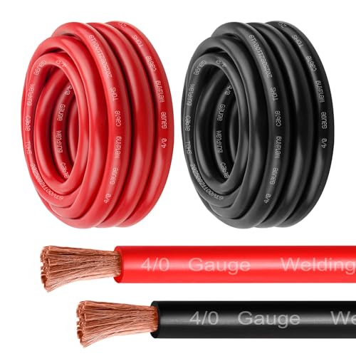 MOOKEERF 4/0 Gauge Battery Cable - 25FT Red + 25FT Black 4/0 AWG Welding Cable Flexible Stranded Oxygen-Free Pure Copper Wire for Automotive, Battery, Inverter, Solar, Marine and Generator - color: 25FT Black + 25FT Red, size: 4/0AWG