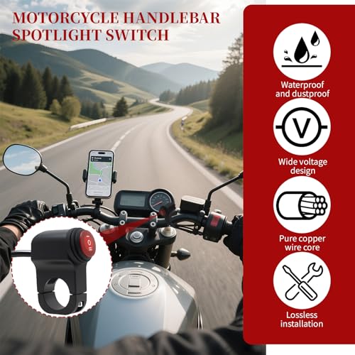 12V Motorcycle Handlebar ON Off Switch with LED Indicator, Waterproof Push Button Control for Auxiliary Driving Lights, Fog Lights, Headlights, Fits 7/8" (22mm) Handlebars on ATV, UTV, Scooter, E-Bike