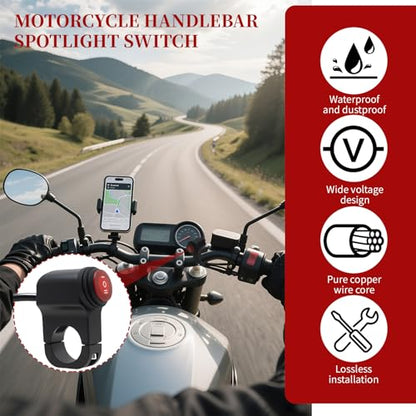 12V Motorcycle Handlebar ON Off Switch with LED Indicator, Waterproof Push Button Control for Auxiliary Driving Lights, Fog Lights, Headlights, Fits 7/8" (22mm) Handlebars on ATV, UTV, Scooter, E-Bike