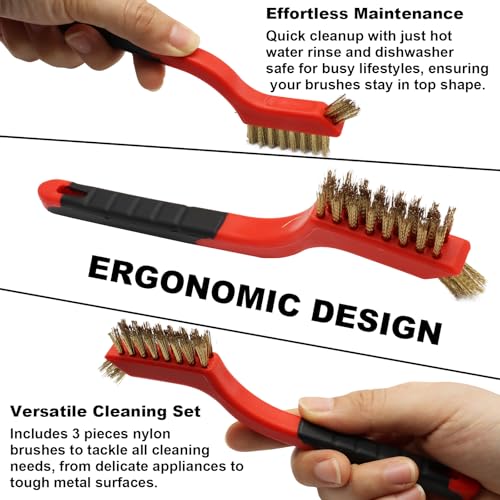 3PCS Brass Wire Brush Set,Curved Handle Brush for Cleaning Rust Removal in Holes DIY Enthusiasts - style: Red-Brass