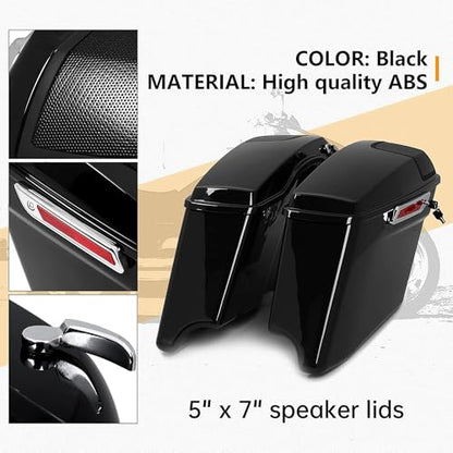 ECOTRIC 5" Stretched Hard Saddlebags w/ 5" x 7" Speaker Lids Grills Extended Saddle Bags Compatible with Harley Touring Street Glide Road King Electra Glide CVO Ultra-Classic 2014-2024 w/Audio Cover - color: Black&Chrome Latch Kit, size: 5" Stretched Sadd