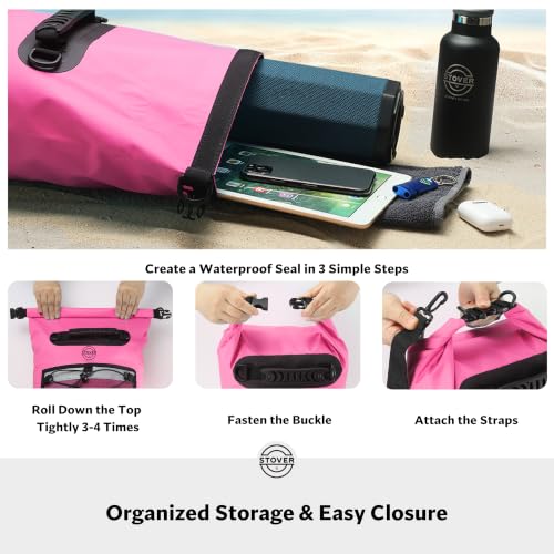 STOVER 5/10/25/30/40/55L Waterproof Dry Bag- Roll-Top Backpack w/Phone Case- Kayaking, Hiking, Camping, Boating- Men/Women - color: 30l Pink (With Phone Case), size: 30L