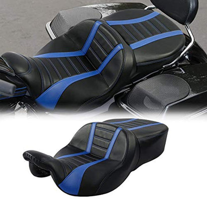 C.C. RIDER Blue Motorcycle Seat - Driver Seat Cushion Rally Stripe Tuck and Roll fit for Harley Touring Road King Street Glide Road Glide Electra Glide 2009-2023 - color: Black Blue