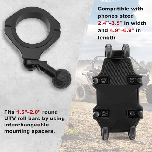 UTV Phone Mount, Heavy Duty Aluminum Alloy SXS Cell Holder for UTV Roll Cage, Anti-Vibration for 1.5"-2.0" Bars, Fits 4.9"-6.9" Smartphones - size: Fits 1.75”-2” Roll Cage