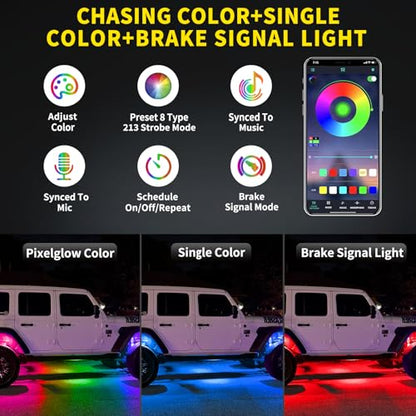 8 Pods Full Angle RGB Rock Lights Compatible with 12V Trucks Jeep UTV SUV ATV Boat Golf Cart, Waterproof, Multi-Color,Brake Light, App/Remote Control Led Rock Lights with Music Mode(Patented) - size: 8 Pods-Full Angle-(New 3 Control Mode)-12V