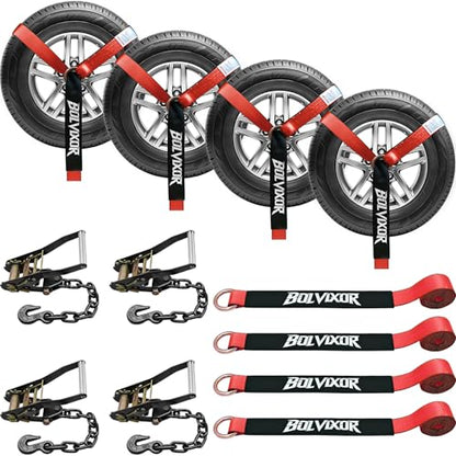 4 Pack Car Tie Down Straps for Trailers - 2" x 96" - 9900LBS Break Strength - Tire Ratchet Straps with Heavy Duty Chain Anchors for Hauling UTV, SUV, Truck, Any Cars - color: Red