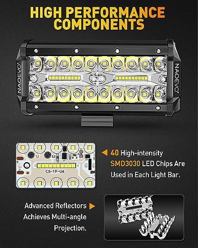 NAOEVO 7 Inch LED Light Bar, 480W 48,000LM LED Offroad Fog/Driving Lights with Spot Flood Combo Beam, Work for Truck Boat ATV UTV, 4 Pcs (White) - size: 4 Pcs