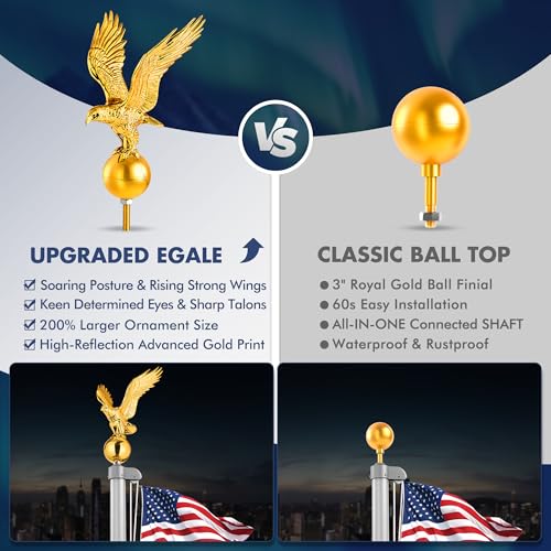 Golden Eagle Flagpole Topper, 13" Eagle Ornament for 20/25/30 Ft Telescopic/Sectional Flag Poles Outdoor, Fit 2" Standard USA Flag Poles, Auro 1 - Gold