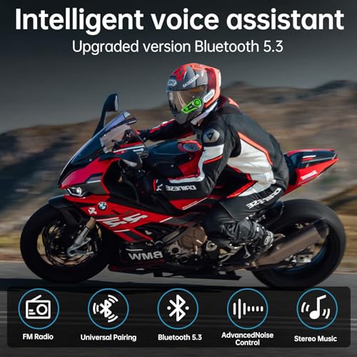 Motorcycle Bluetooth Headset with Noise Cancellatio, Helmet Bluetooth Headset Built-in Bluetooth 5.3 & Suitable for Most Helmets, Voice Assistant Hi-Fi Stereo Helmet Speakers 1200mAh Battery Life