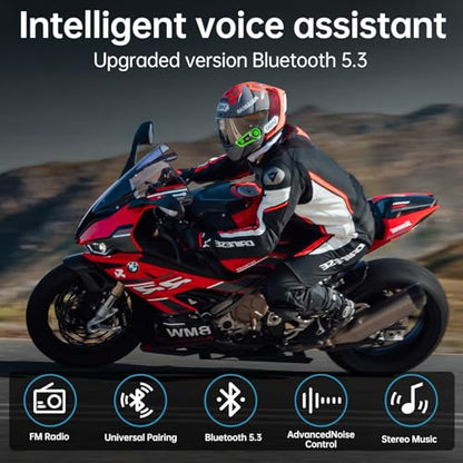 Motorcycle Bluetooth Headset with Noise Cancellatio, Helmet Bluetooth Headset Built-in Bluetooth 5.3 & Suitable for Most Helmets, Voice Assistant Hi-Fi Stereo Helmet Speakers 1200mAh Battery Life