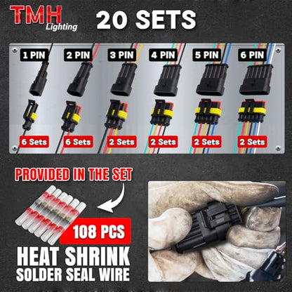 TMH 1/2/3/4/5/6 Pin Wire Connector 22 AWG Waterproof Electrical Male and Female, 10 cm. Wire Connectors 1-6 Way with Heat Shrink Tubing for Car Truck Boat Wire Connection (40PCS) - size: 1/2/3/4/5/6 Pin - 40PCS