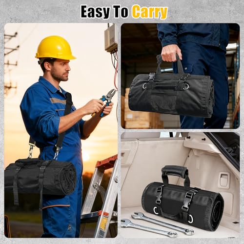 Tool Bag,Large Roll-Up Tool Bag Organizer with 28 Pocket Organizer, 34 Socket Slots, Heavy Duty Portable Tool Storage Carrier Bag for Men,Mechanic,Electrician & Hobbyist,Black