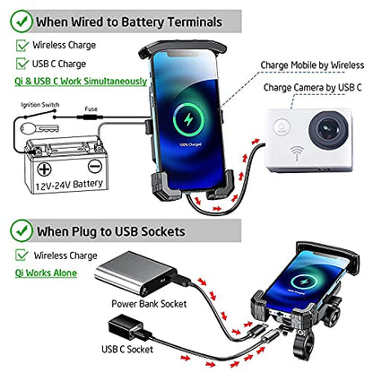 iMESTOU Motorcycle Fork Stem Phone Mount Wireless/USB C Charger with RAM 1" Ball Fits for Kawasaki, Ducati, Honda, BMW etc. with Fork Hole Dia. 0.47"-1" Quick Charge for 4.0"-6.8" Smartphones - style: Wireless & USB C Charge- Fork Stem Style