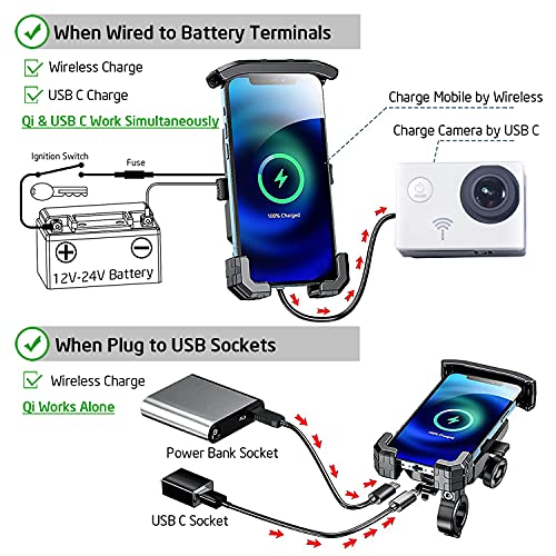 iMESTOU Anti-Theft Motorcycle Wireless Phone Mount Charger 15W & USB C 3A Handlebar 1" Ball Phone Holder Works with 12V/24V Vehicle/USB A Socket 720 Rotation Quick Charge for 4.0-7.0" Cellphones - style: Double Socket Arm-Wireless & USB C Charge