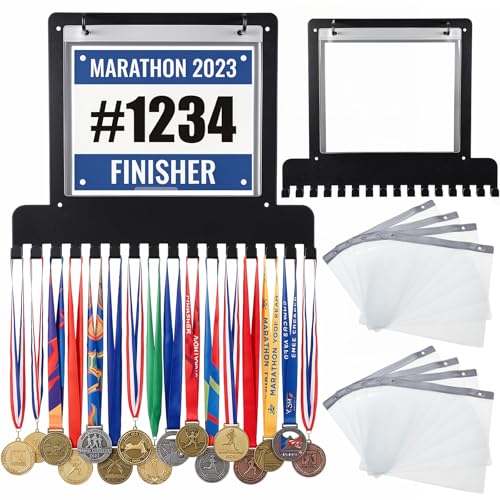 Moxweyeni Race Medal and Bib Display Medal Hanger Running Bib Holder Wall Mounted Hanging Rack Stands Gifts for Runners - color: Black, size: 13.78 x 11.22 Inch, style: Modern